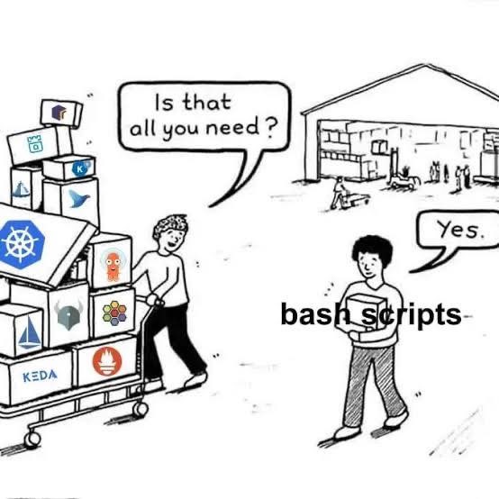 A person carrying a small box labeled “Bash Scripts” walking alongside another person with an overflowing cart full of product emblems who asks them “Is that all you need?” and they reply “yes.”
